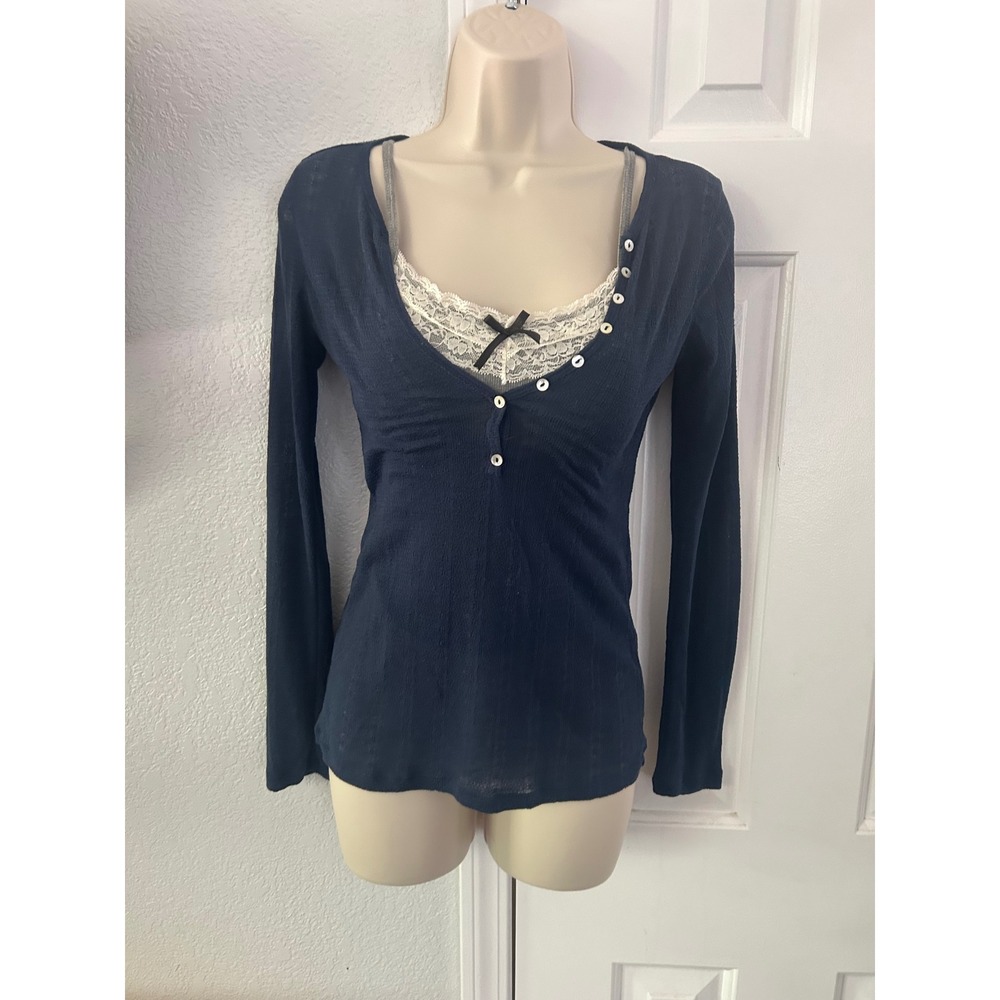 Y2K Old Navy Navy knit Long Sleeve Henley Top XS Deep V-Neck Slim Bella Swan
